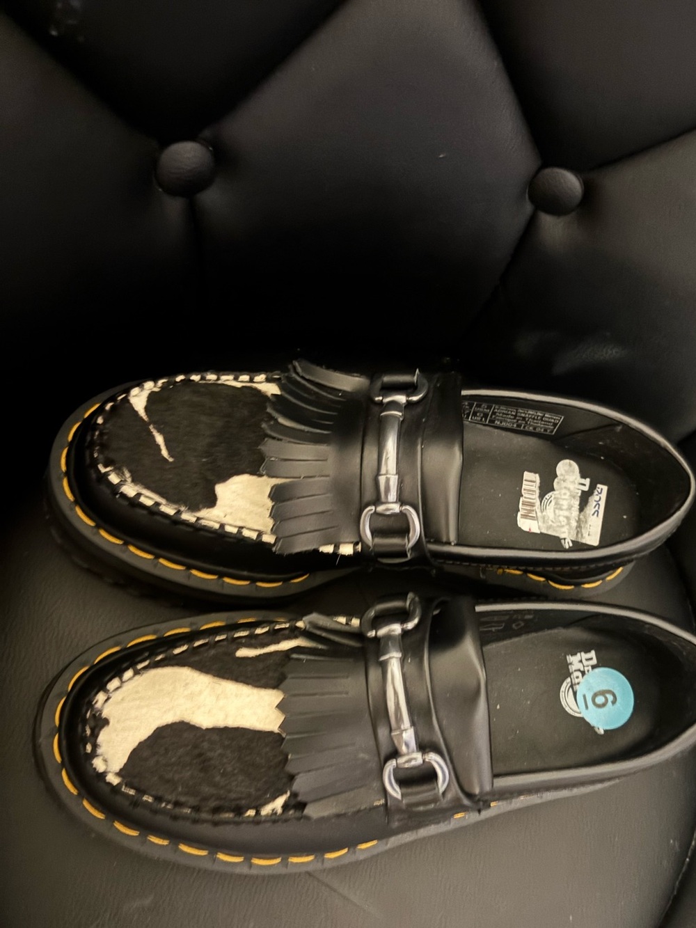 Dr. Martens Black Leather Loafers with Black & White Hair-on Leather Accents